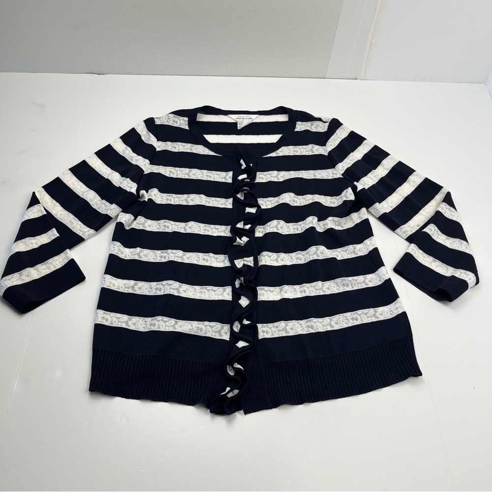 Exclusively Misook Striped Navy Blue White Medium Ruffle Snap Front Cardigan